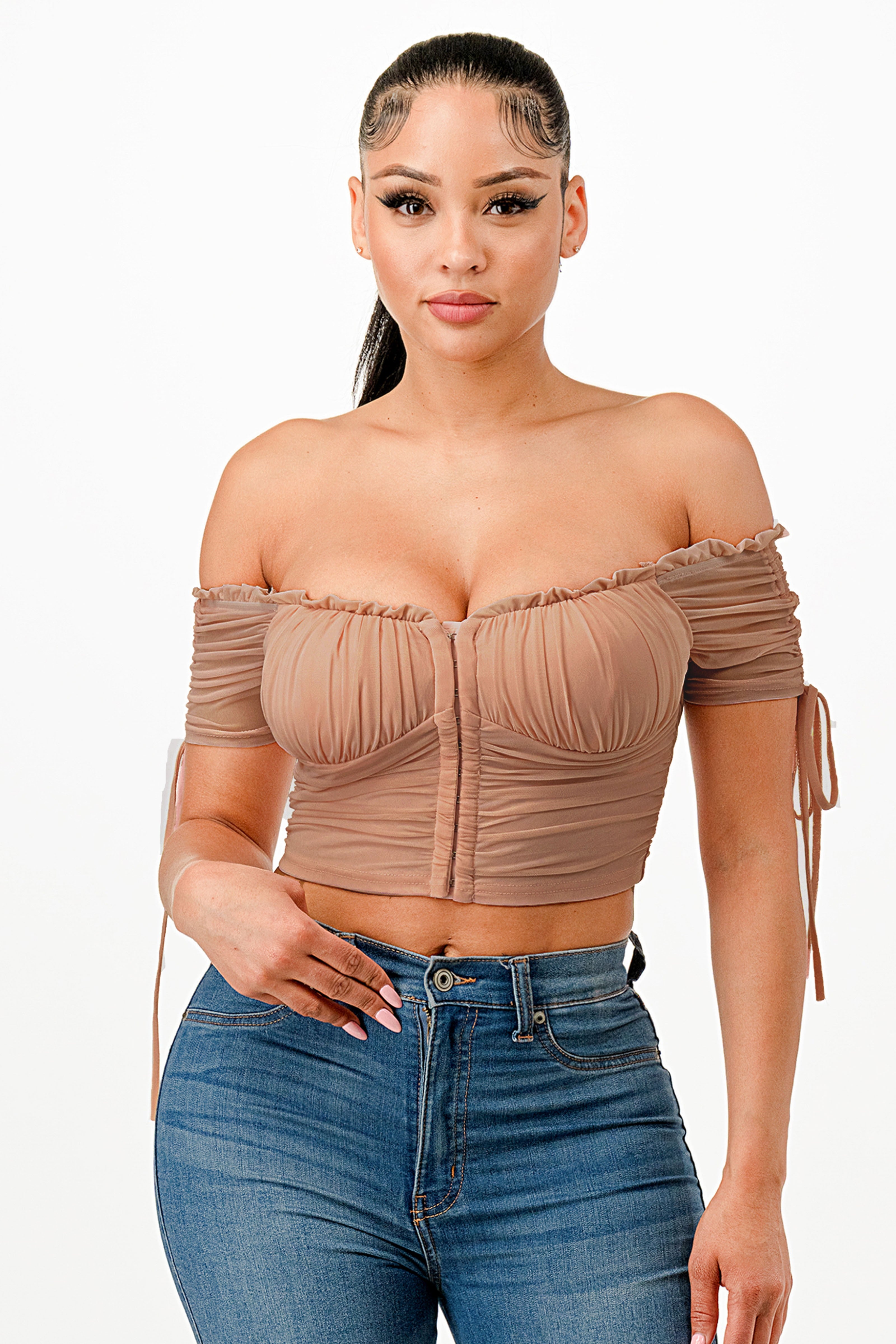 Power Mesh Off Shoulder Mocha Corset Top T577