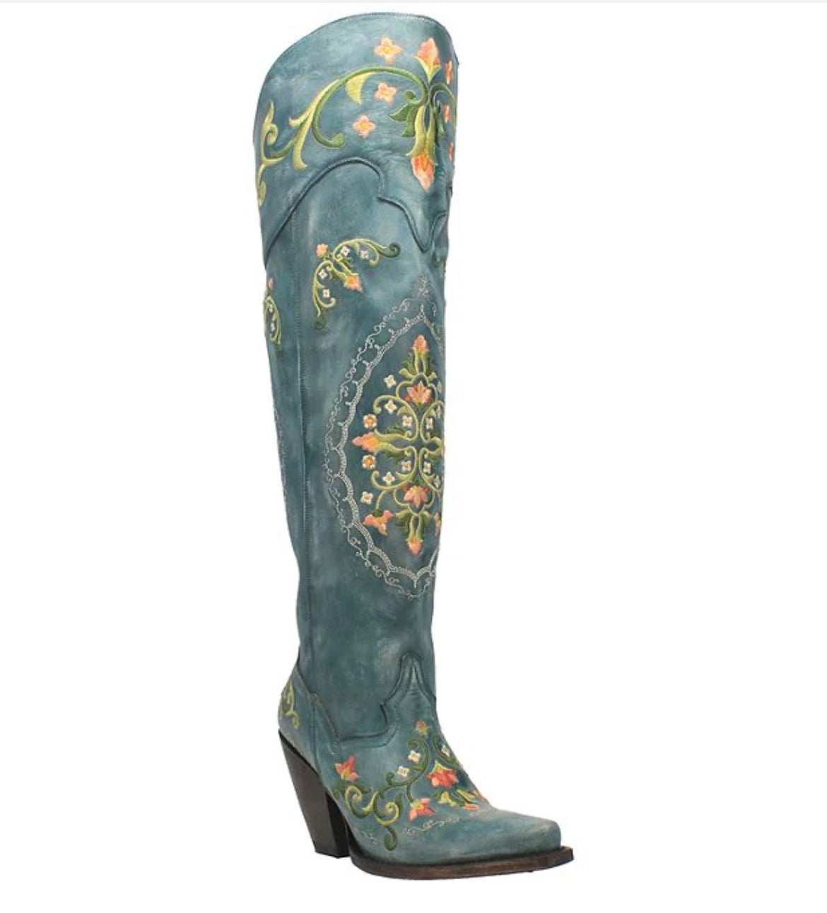 Dan post Jilted Over Knee Boot Snip Toe Flower Child Turquoise