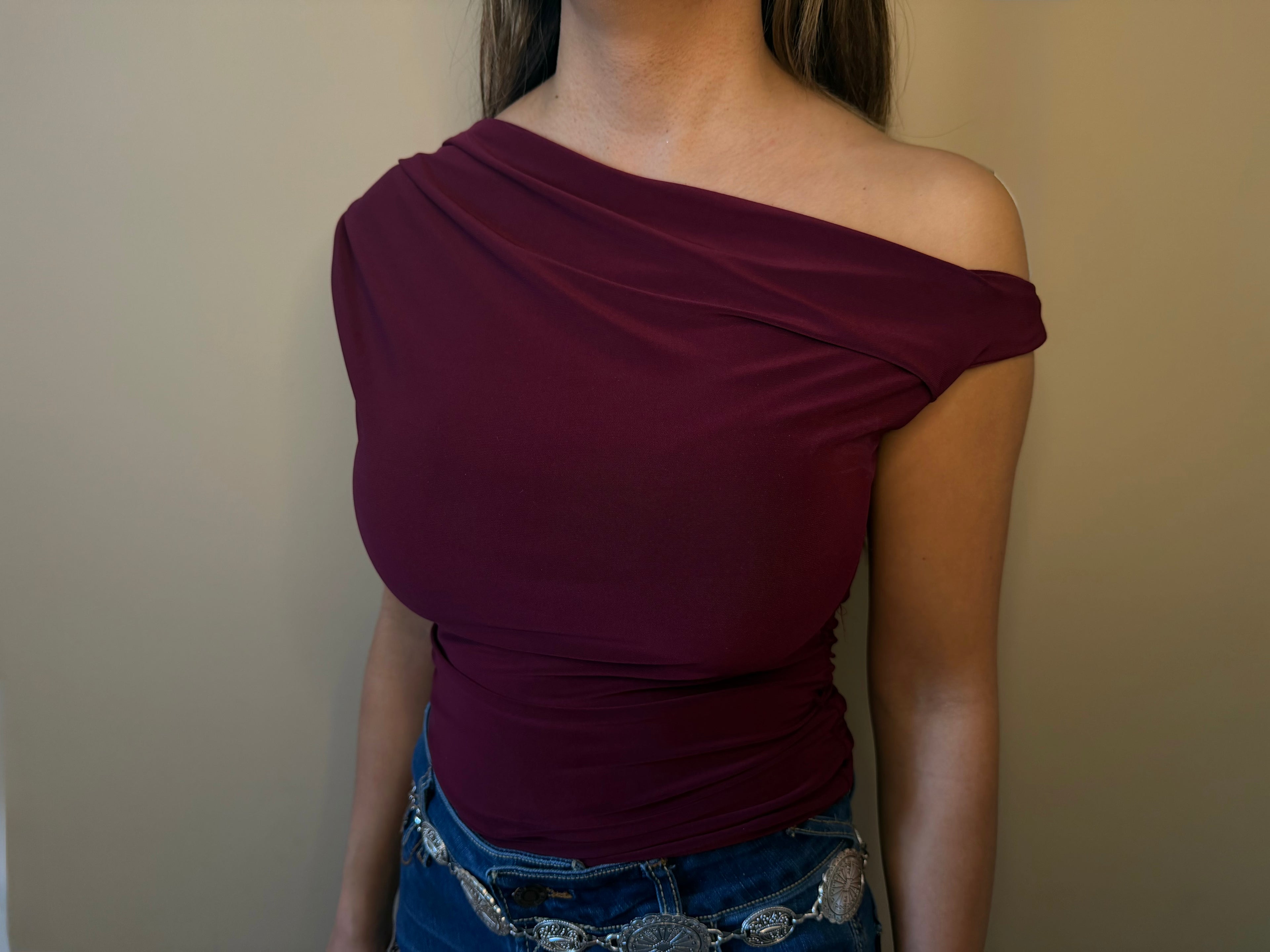 Symmetrical Tucked Off-shoulder Burgundy Top T0061-C